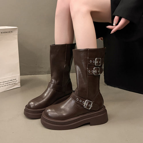 Damen Modische Overkneestiefel mit Schnallen- und Blockabsatz Drune