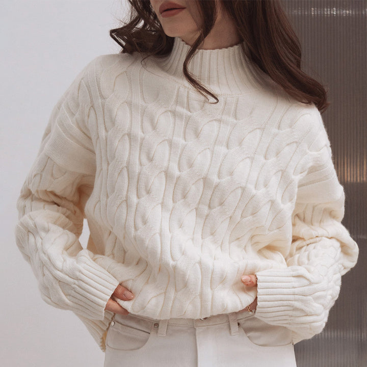 Damen Gemusterter Strickpullover mit hohem Kragen Drune