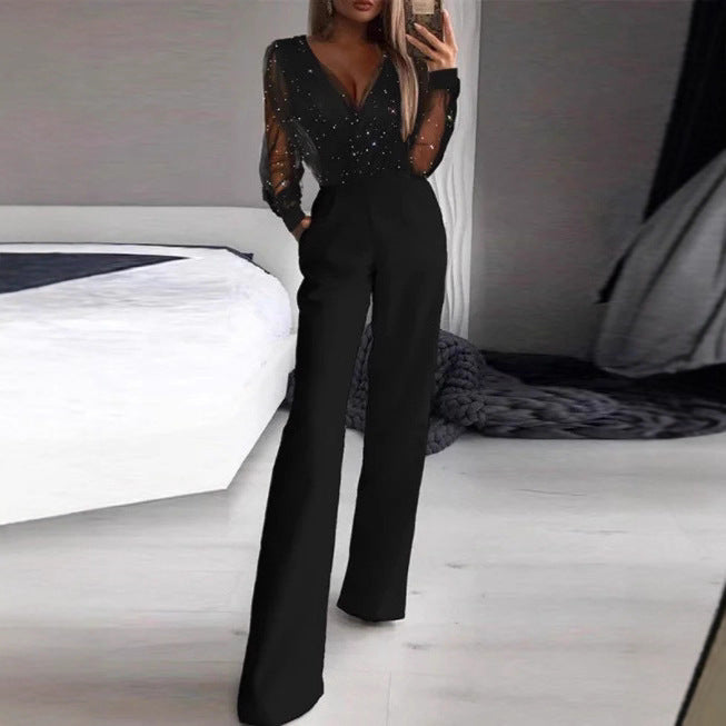 Damen Elegante Jumpsuit mit transparenter Bluse und schimmernden Akzenten Drune