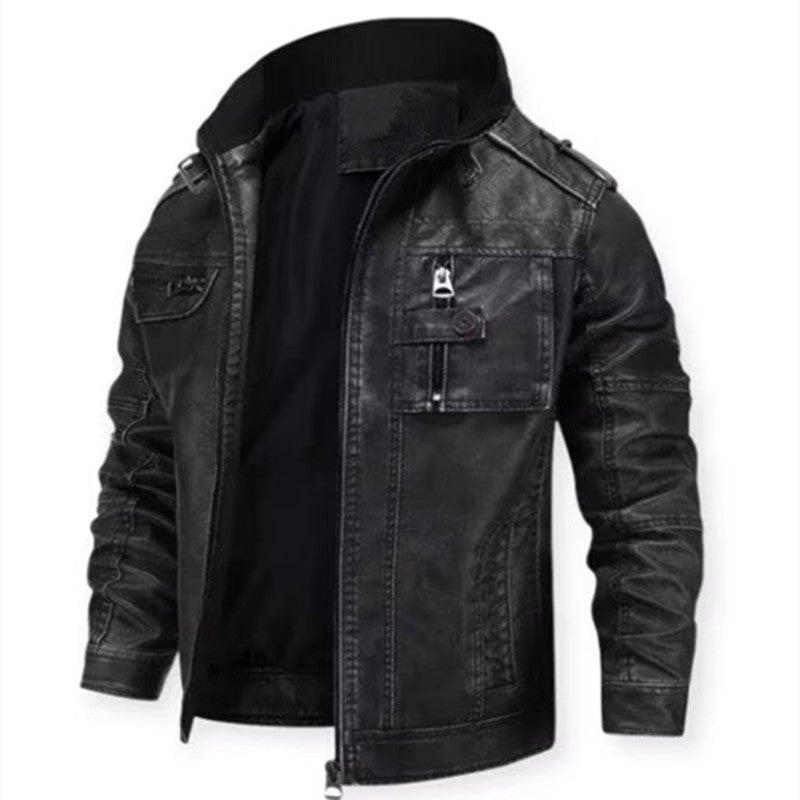 Herren Vintage-inspirierte Bikerjacke in Lederoptik mit Utility-Taschen und Stehkragen Drune