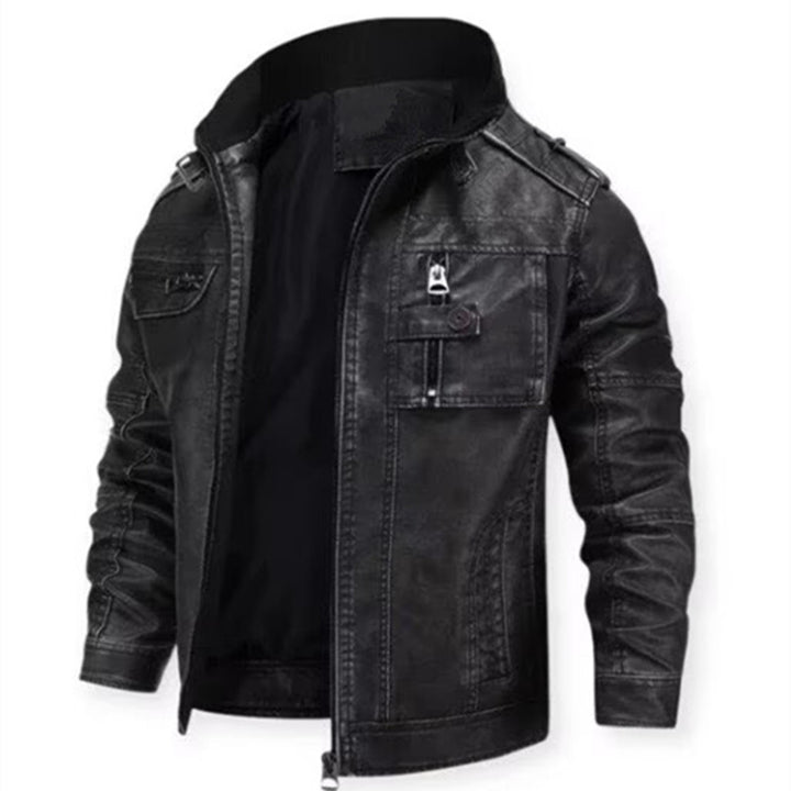 Herren Vintage-inspirierte Bikerjacke in Lederoptik mit Utility-Taschen und Stehkragen Drune