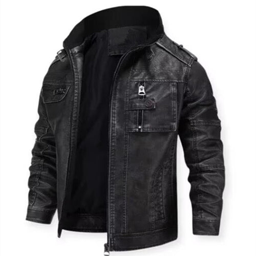 Herren Vintage-inspirierte Bikerjacke in Lederoptik mit Utility-Taschen und Stehkragen Drune