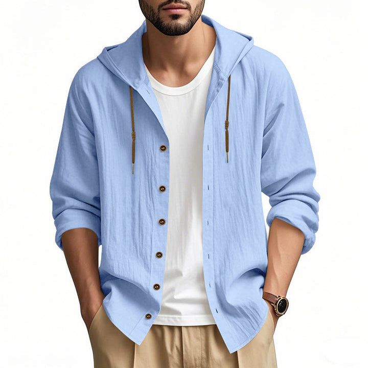 Herren nan leichtes Kapuzenhemdjacke aus Leinenoptik mit durchgehender Knopfleiste Drune