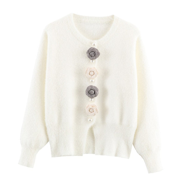 Damen stylische Strickjacke mit einzigartigen Blumenapplikationen Drune