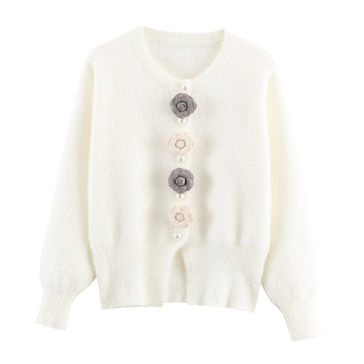 Damen stylische Strickjacke mit einzigartigen Blumenapplikationen Drune
