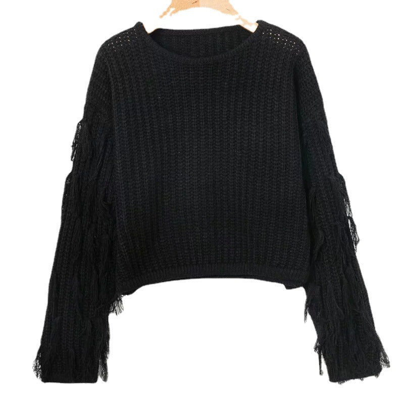 Damen Strickpullover mit fransigen Ärmeln und strukturierter Oberfläche Drune