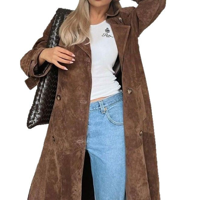 Damen Langer Wildledermantel mit eleganter Silhouette Drune