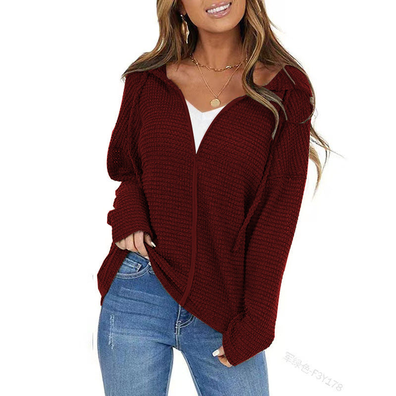 Damen Oversize Waffelstrick-Kapuzenpullover mit Reißverschluss Drune