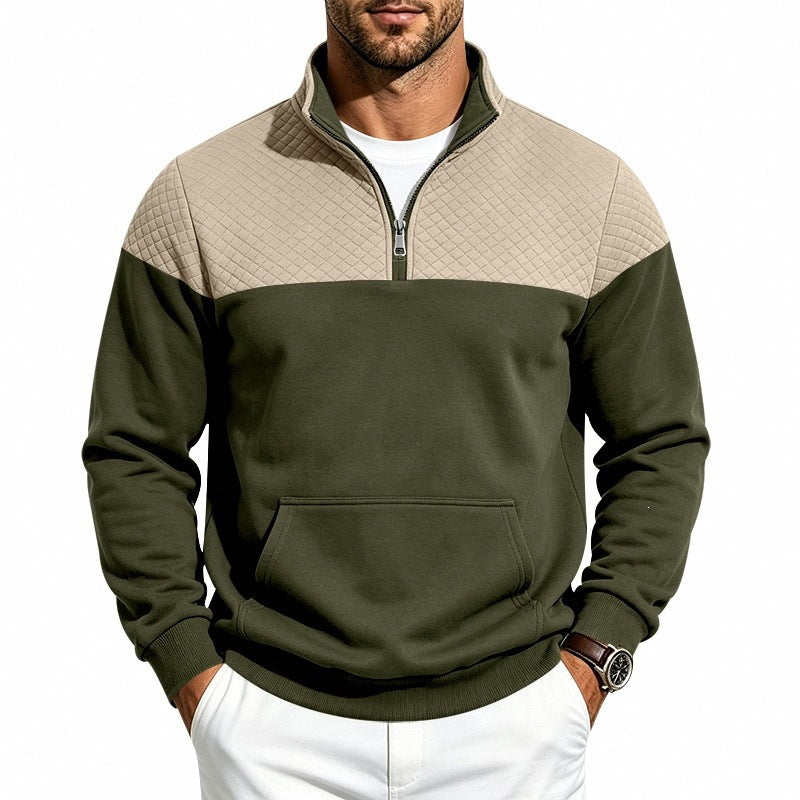 Herren Stehkragen-Sweatshirt mit Halbzip, gesteppter Schulterpasse und Kängurutasche Drune