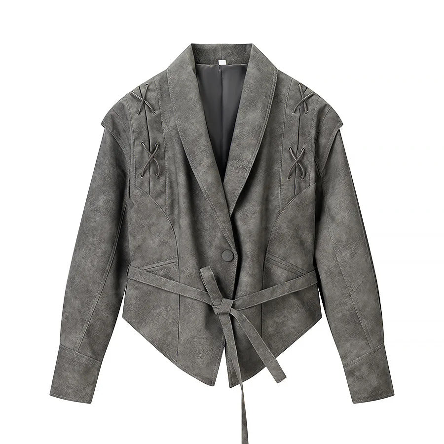 Damen nan kurzjacke Veloursoptik mit Schalkragen Taillengürtel und Schnürdetail Drune