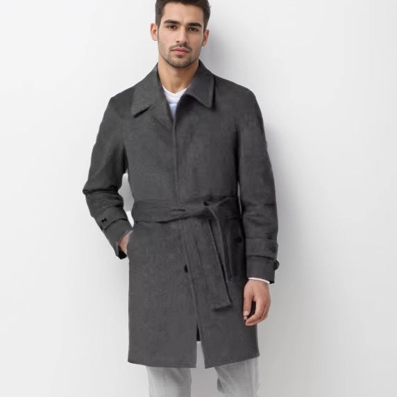 Herren eleganter Mantel mit Gürtel und klassischem Revers Drune