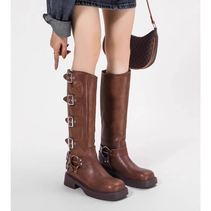 Damen Stiefel mit modischen Schnallen und robustem Blockabsatz Drune