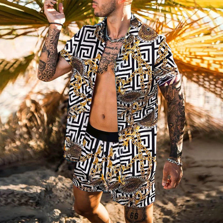 Herren nan barockgemustertes Kurzarm-Hemd mit passender locker geschnittener Shorts Drune