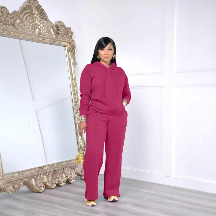 Damen nan Relax-Loungewear-Set mit weitem Highwaist-Palazzo-Jogger, Kapuzenpullover mit Kängurutasche und seitlichem Saumschlitz Drune