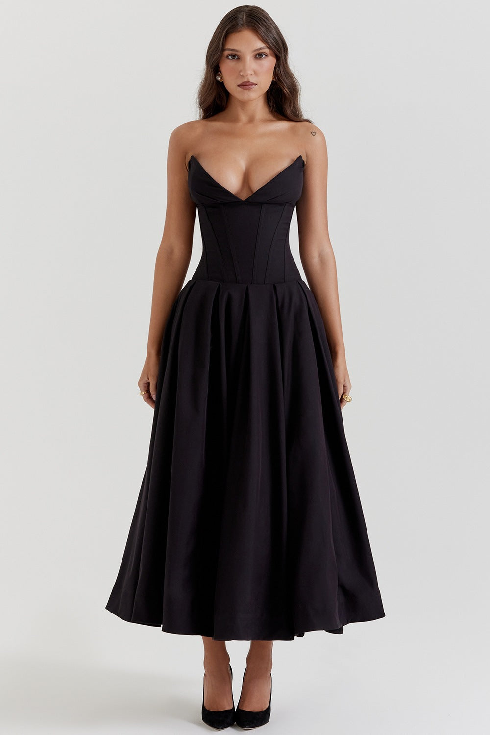 Damen nan trägerloses Korsett-Midikleid mit vorgeformter Miederkonstruktion und ausgestelltem Tellerrock Drune