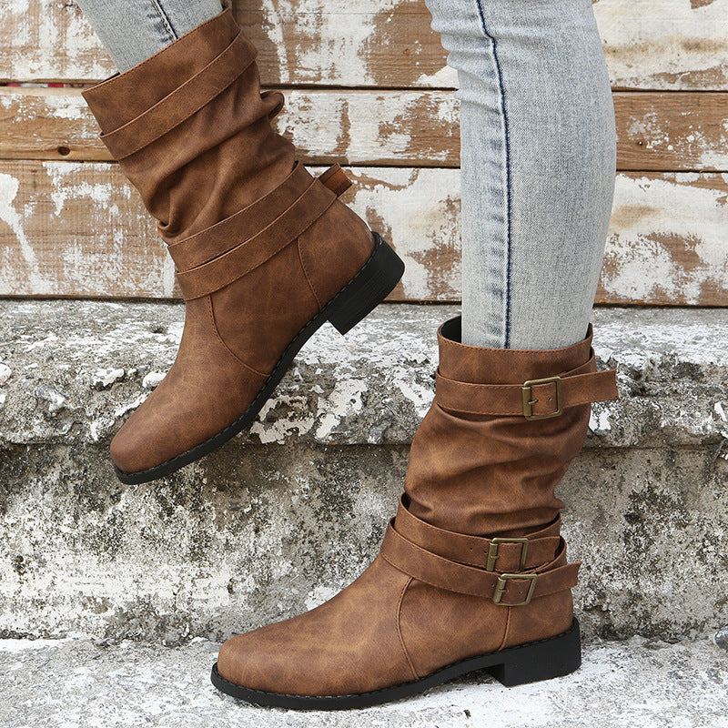 Damen nan lässige knöchelhohe Stiefelette mit gerafftem Schaft, dekorativen Schnallenriemen und flexibler Profilsohle Drune