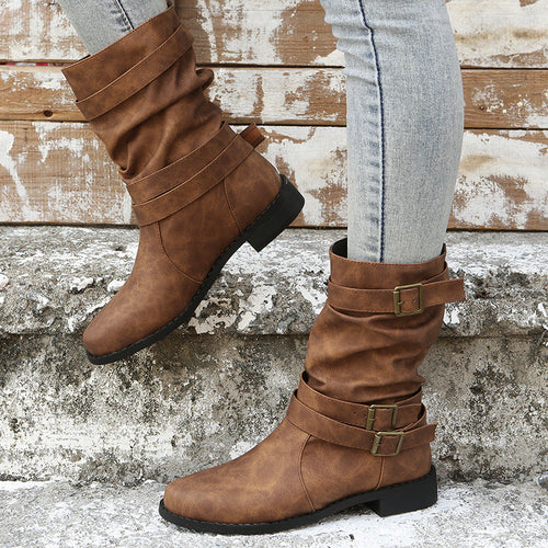 Damen nan lässige knöchelhohe Stiefelette mit gerafftem Schaft, dekorativen Schnallenriemen und flexibler Profilsohle Drune