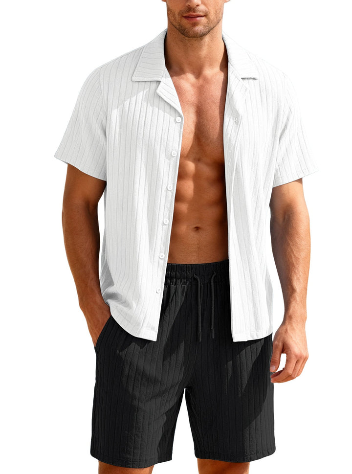 Herren nan geripptes Feinstrick-Lounge-Set mit kurzärmligem Revershemd und Kordelshorts Drune