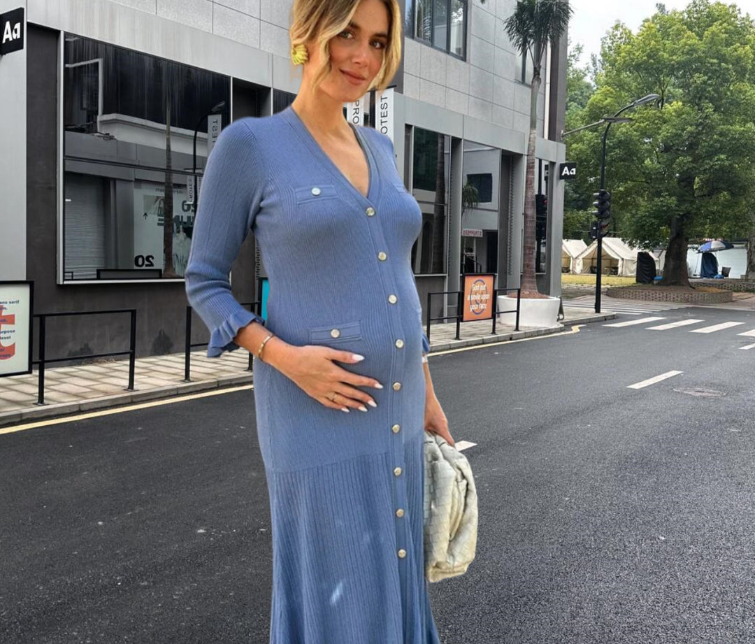 Damen Strickmaxikleid mit Knopfleiste und modischem V-Ausschnitt Drune