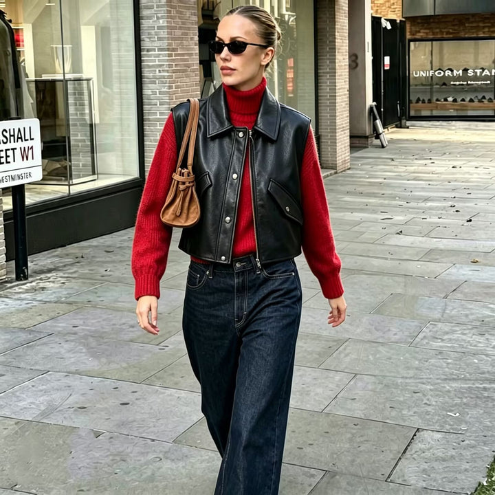 Damen Cropped Utility Weste aus Lederoptik mit Kragen, Ringzipper und aufgesetzten Pattentaschen Drune