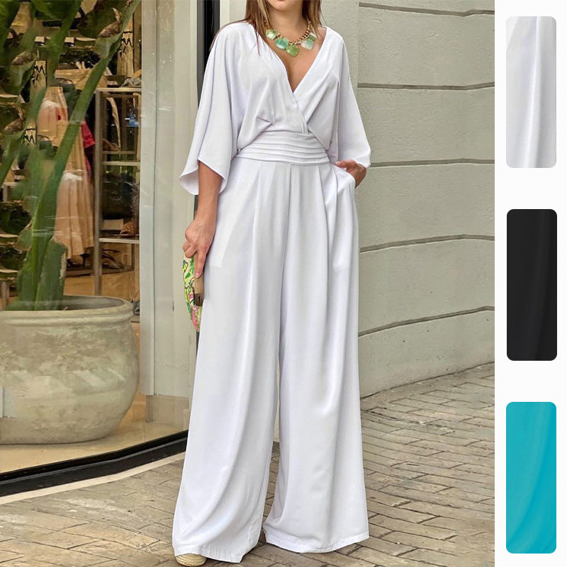 Damen Eleganter High-Waist Jumpsuit mit weitem Bein und Kimonoärmeln Drune