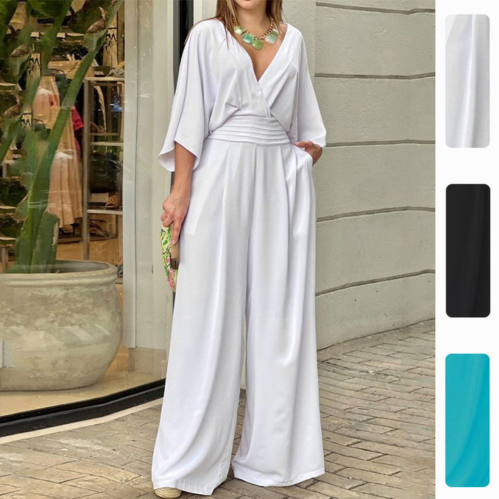 Damen Eleganter High-Waist Jumpsuit mit weitem Bein und Kimonoärmeln Drune