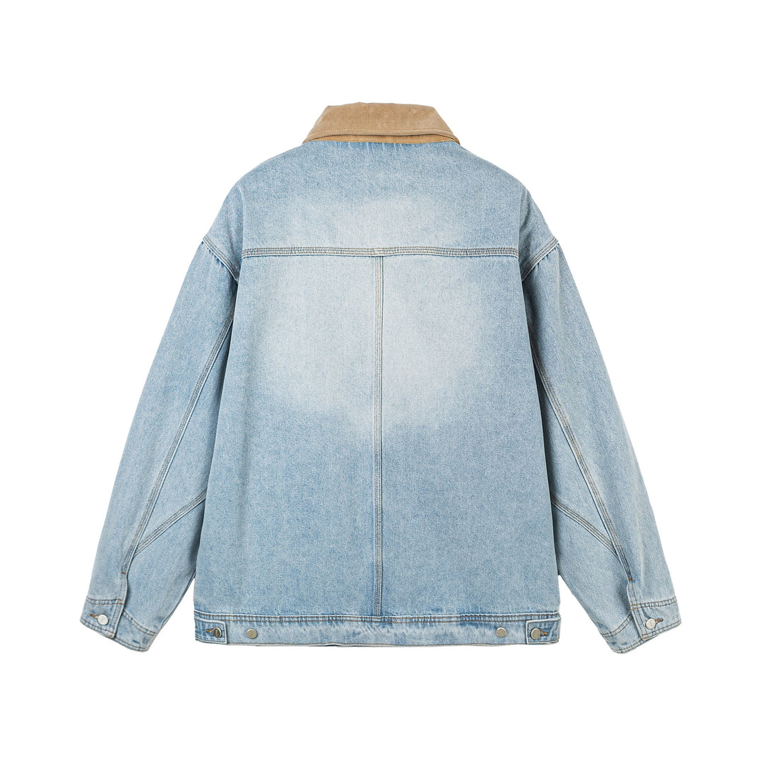Damen Oversize-Denimjacke mit Velourslederkragen, verdecktem Reißverschluss und markanten Einstecktaschen Drune