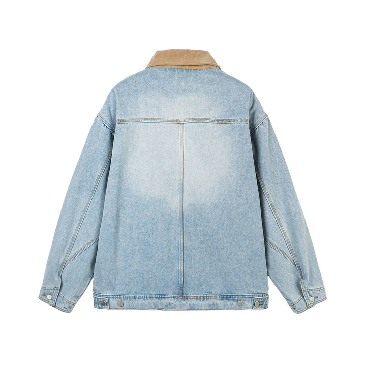 Damen Oversize-Denimjacke mit Velourslederkragen, verdecktem Reißverschluss und markanten Einstecktaschen Drune