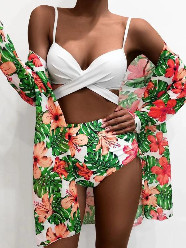 Damen Bikini-Set mit hochgeschnittenem Slip und floralem Kimono Drune