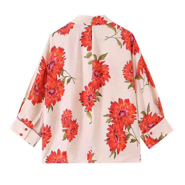 Damen Leichte Oversize‑Bluse mit Dreiviertelärmeln und großem Blumenprint Drune