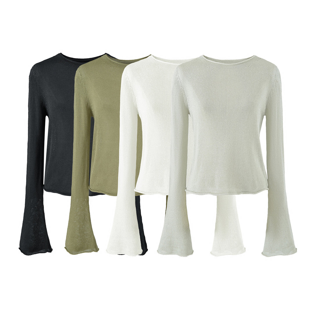 Damen Leichtes Feinstrick-Longsleeve mit ausgestellten Trompetenärmeln Drune
