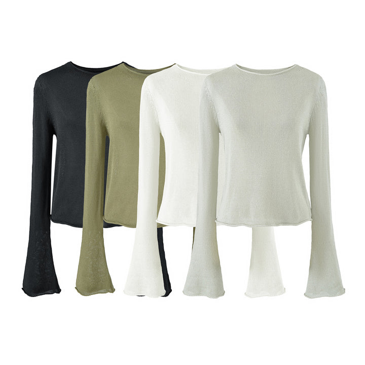 Damen Leichtes Feinstrick-Longsleeve mit ausgestellten Trompetenärmeln Drune