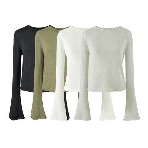 Damen Leichtes Feinstrick-Longsleeve mit ausgestellten Trompetenärmeln Drune