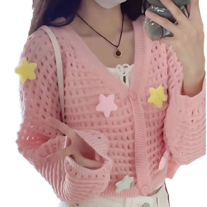 Damen lockerer Strick pullover mit bunten Applikationen Drune