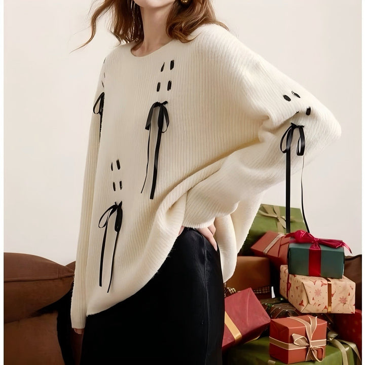 Damen kuscheliger Strickpullover mit eleganten Schleifenachsen Drune