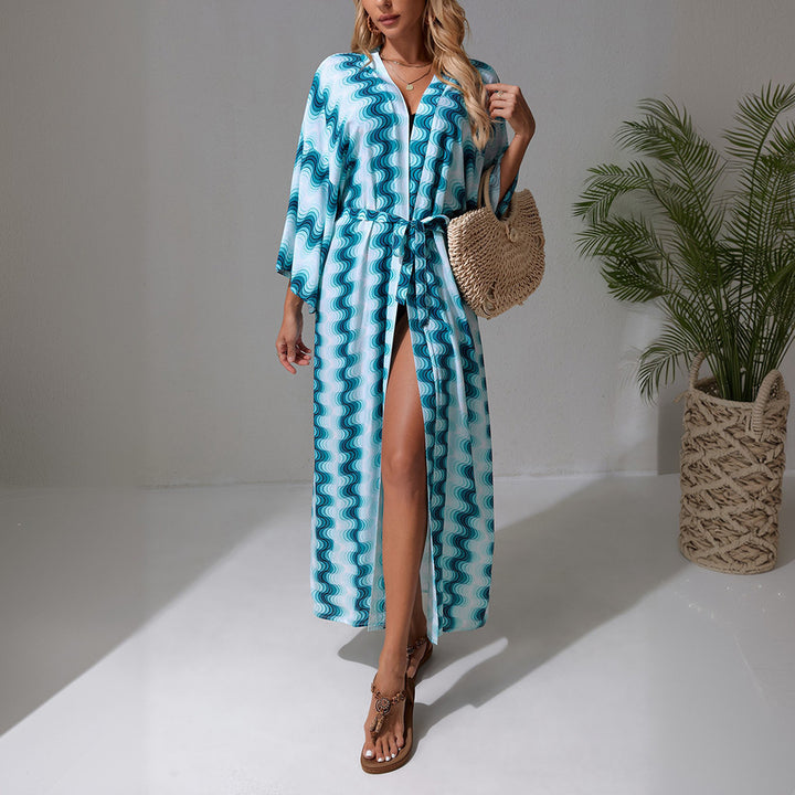 Damen Langer Strandkaftan mit V-Ausschnitt, Taillen-Bindegürtel & hohem Beinschlitz Drune