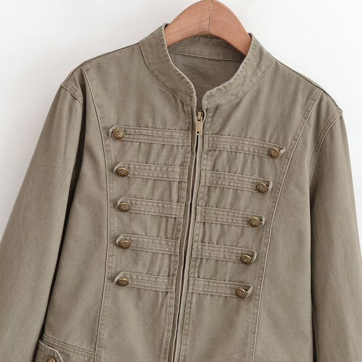 Damen Kurzjacke im Army‑Look aus Baumwoll‑Twill mit Stehkragen und dekorativen Zierriegeln Drune