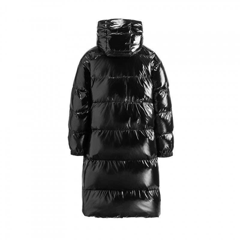 Damen langer glänzender gesteppter Puffer-Mantel mit Kapuze, Utility-Taschen und Oversize-Silhouette Drune