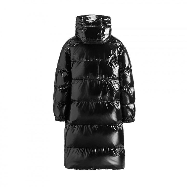 Damen langer glänzender gesteppter Puffer-Mantel mit Kapuze, Utility-Taschen und Oversize-Silhouette Drune