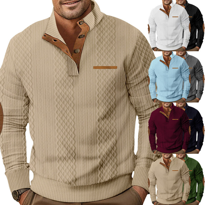 Herren Strukturiertes Kabelstrick-Sweatshirt mit Halbknopfblende, Kunstleder‑Patchtasche & Ellbogenpatches Drune