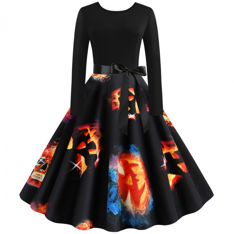 Damen Vintage-inspiriertes A-Linien-Kleid mit Kürbis-Print und Taillenschleife Drune
