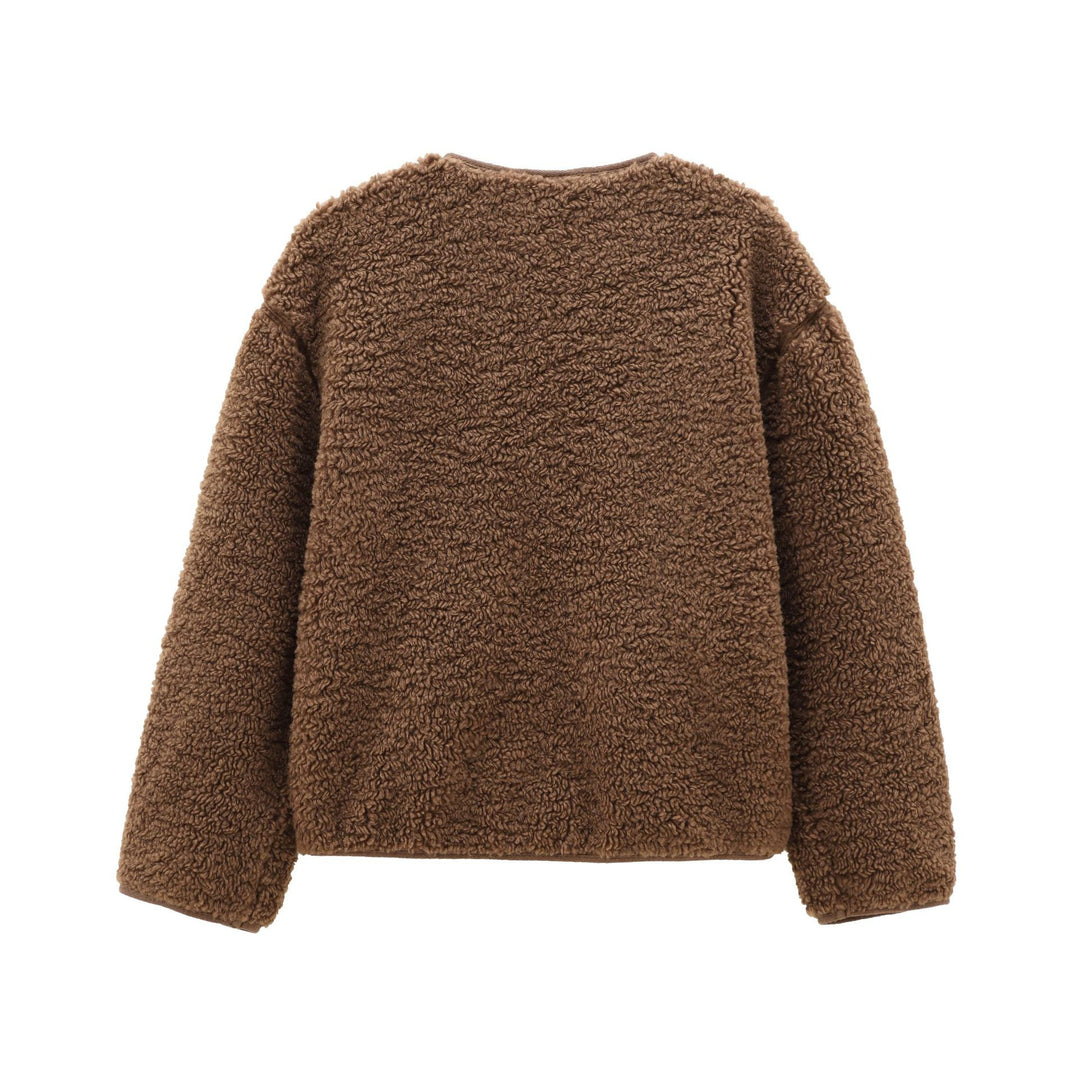 Damen nan kurz geschnittene Teddyjacke mit Druckknopfleiste und aufgesetzten Taschen Drune