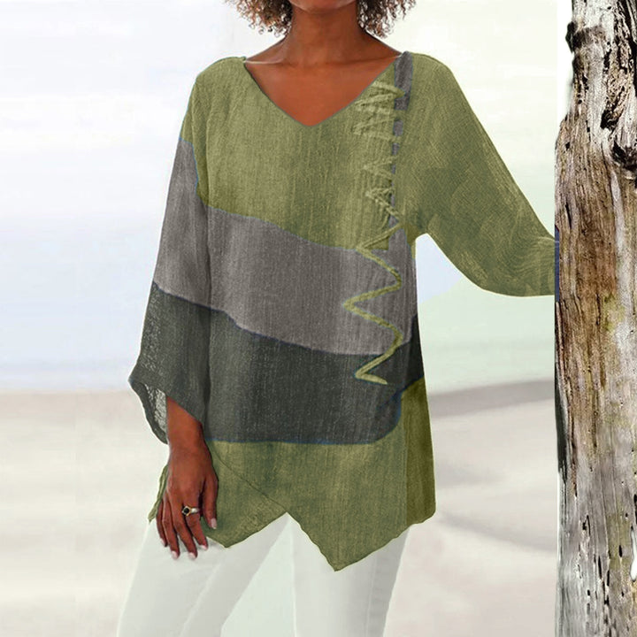 Frauen Casual A-Linien Leinenlook Tunika mit Farbblockstreifen und V-Ausschnitt Drune