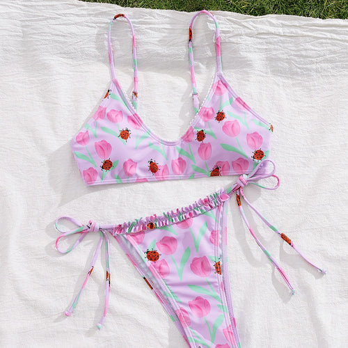 Damen Triangel-Bikini mit buntem Blütenmotiv und verstellbaren Bindebändern Drune