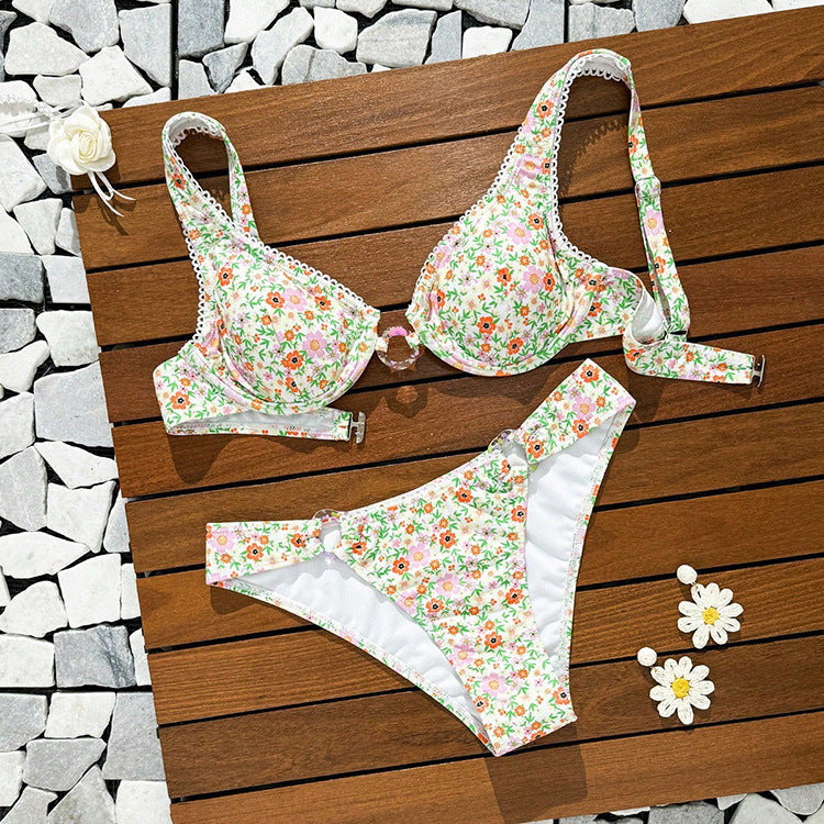 Damen Blumenmuster Bikini-Set mit elegantem Schnitt und verspielten Trägern Drune