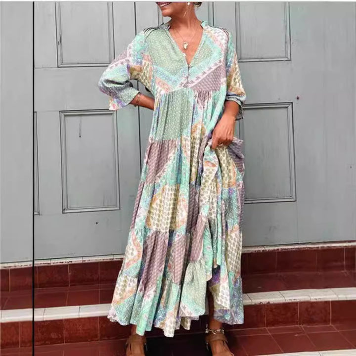 Damen nan Patchwork-Stufenmaxikleid mit V-Ausschnitt, teilweiser Knopfleiste, geraffter Passe und seitlichen Eingrifftaschen Drune