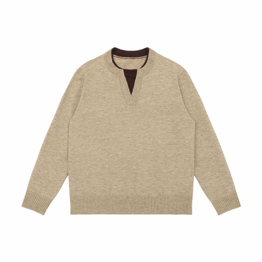 Unisex Grobgestrickter Pullover mit V-Notch Ausschnitt und kontrastierter Innenblende Drune