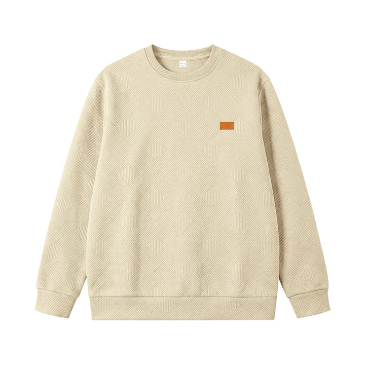 Unisex Texturierter Baumwoll-Crewneck-Sweatshirt mit Rautenstruktur und Lederpatch Drune