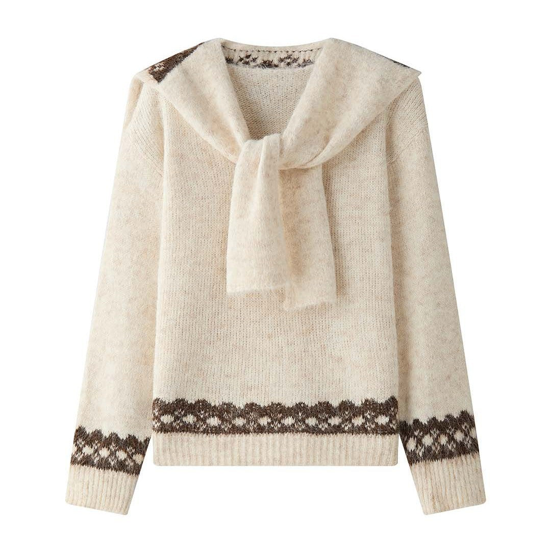 Damen Kuscheliger Feinstrick-Pullover mit integriertem Schultertuch und Jacquardbund Drune
