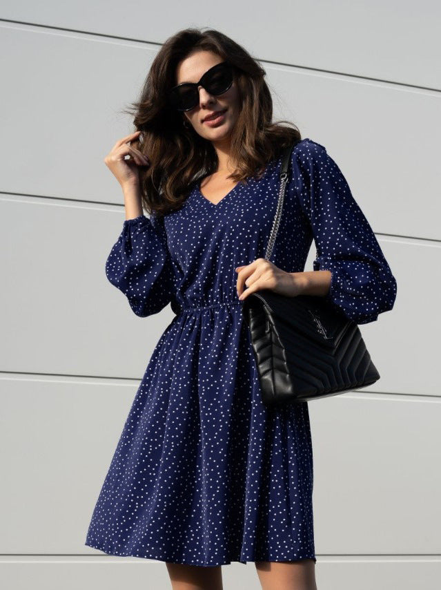 Damen Freizeitkleid mit V-Ausschnitt und Puffärmeln Drune